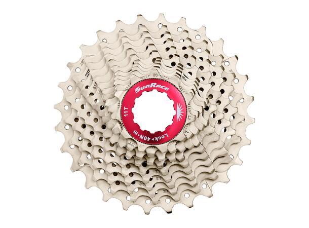 SunRace RX1 11-Delt HG Kassett 11-28T, Champagne/Rød, 278g, Shimano 
